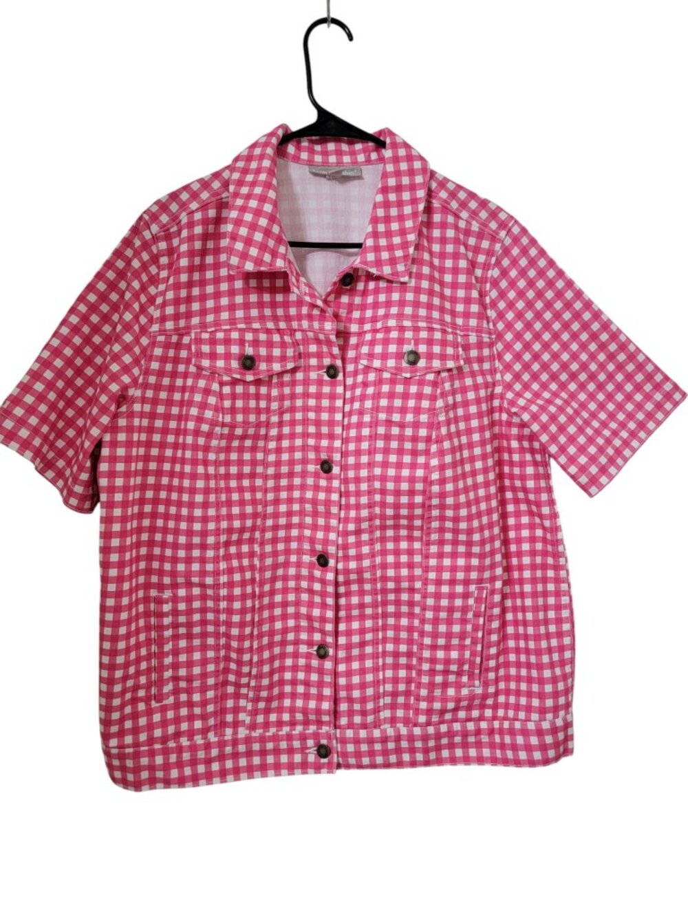 Woman Within Size 18W Pink & White Gingham Short Sleeve Button Front Jacket